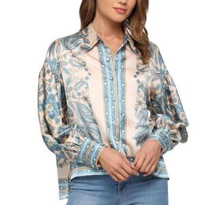 Fate Blue and cream paisley print silk blouse with long sleeves